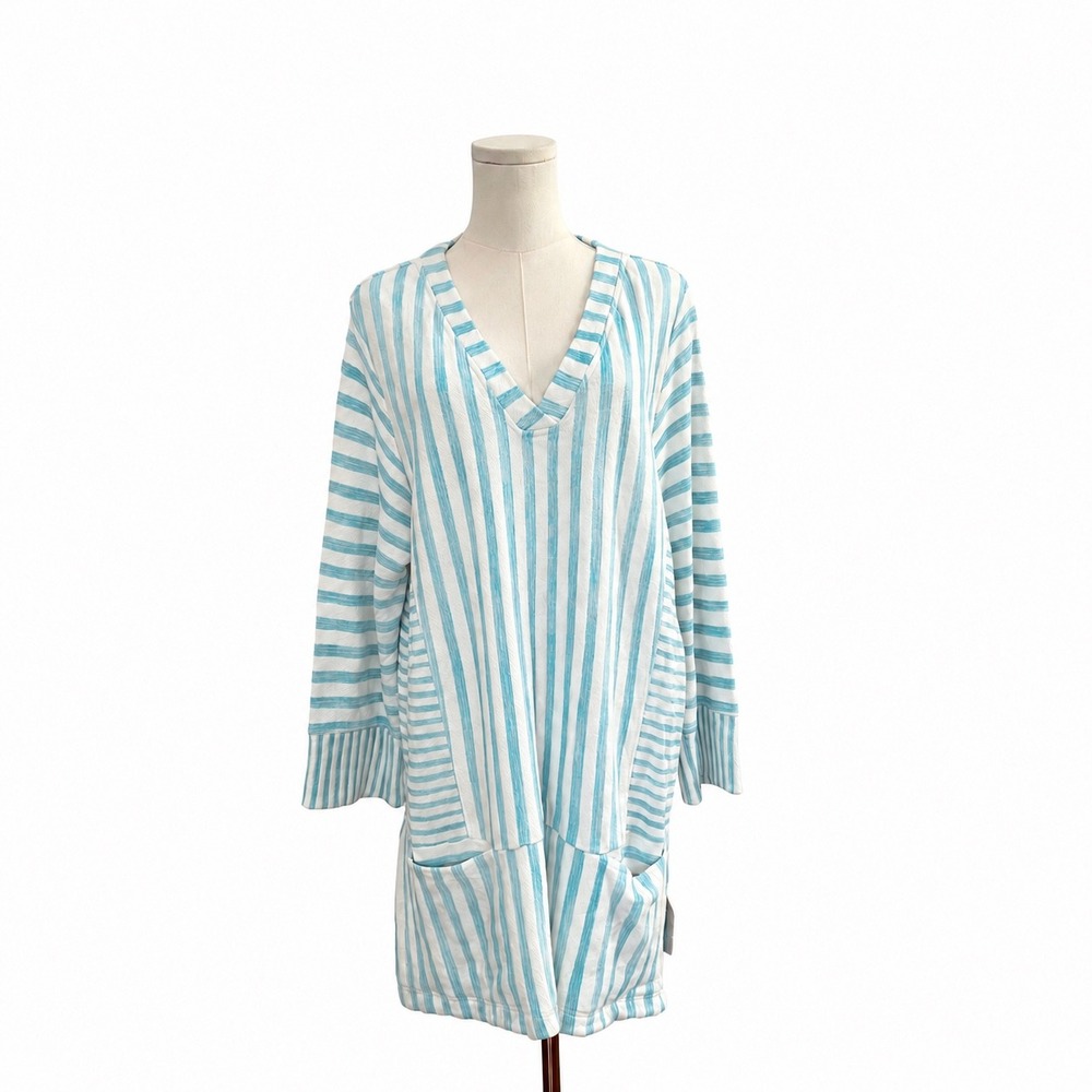 Soft Surroundings Briza Tunic Top XL Aqua Stripe V Neck Terry Coastal Nautical